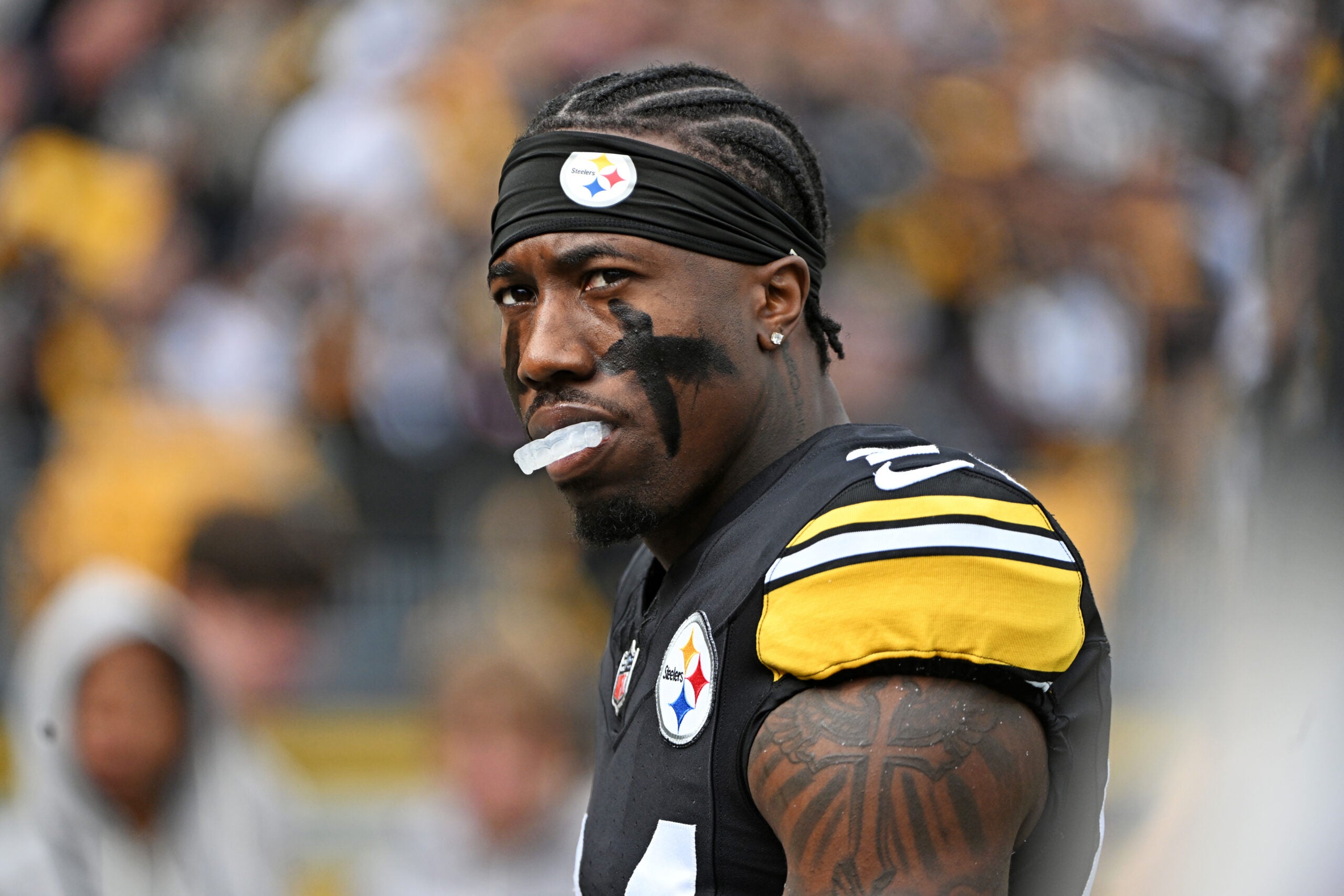 Nov 2, 2025; Pittsburgh, Pennsylvania, USA; Pittsburgh Steelers cornerback Joey Porter Jr. (24) enters the field before the game against the Indianapolis Colts at Acrisure Stadium.