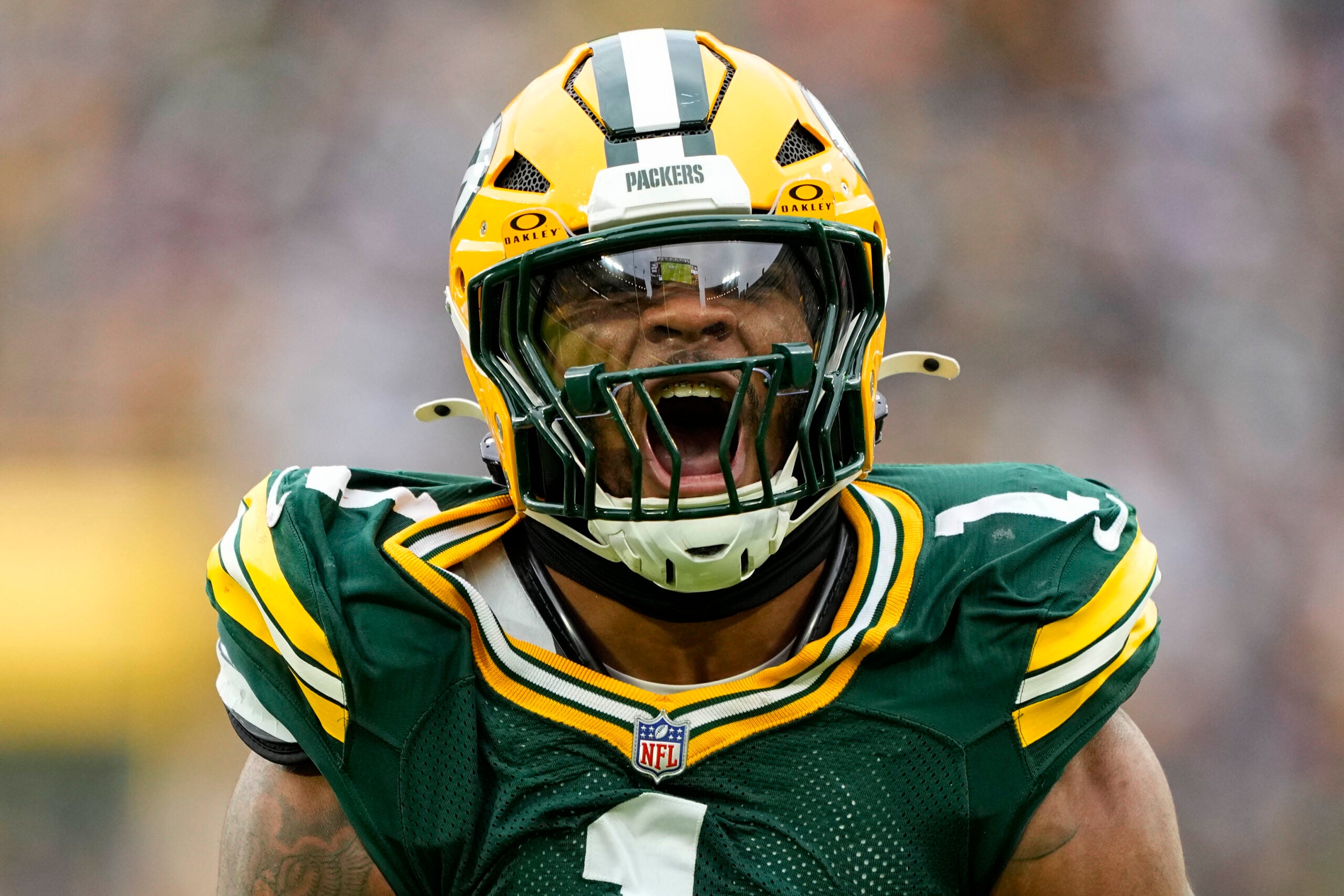 Nov 23, 2025; Green Bay, Wisconsin, USA; Green Bay Packers defensive end Micah Parsons (1) celebrates after sacking Minnesota Vikings quarterback J.J. McCarthy (9) (not pictured) during the game at Lambeau Field.