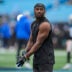 Nov 30, 2025; Charlotte, North Carolina, USA; Carolina Panthers wide receiver Xavier Legette (17) looks on before the game against the Los Angeles Rams at Bank of America Stadium.
