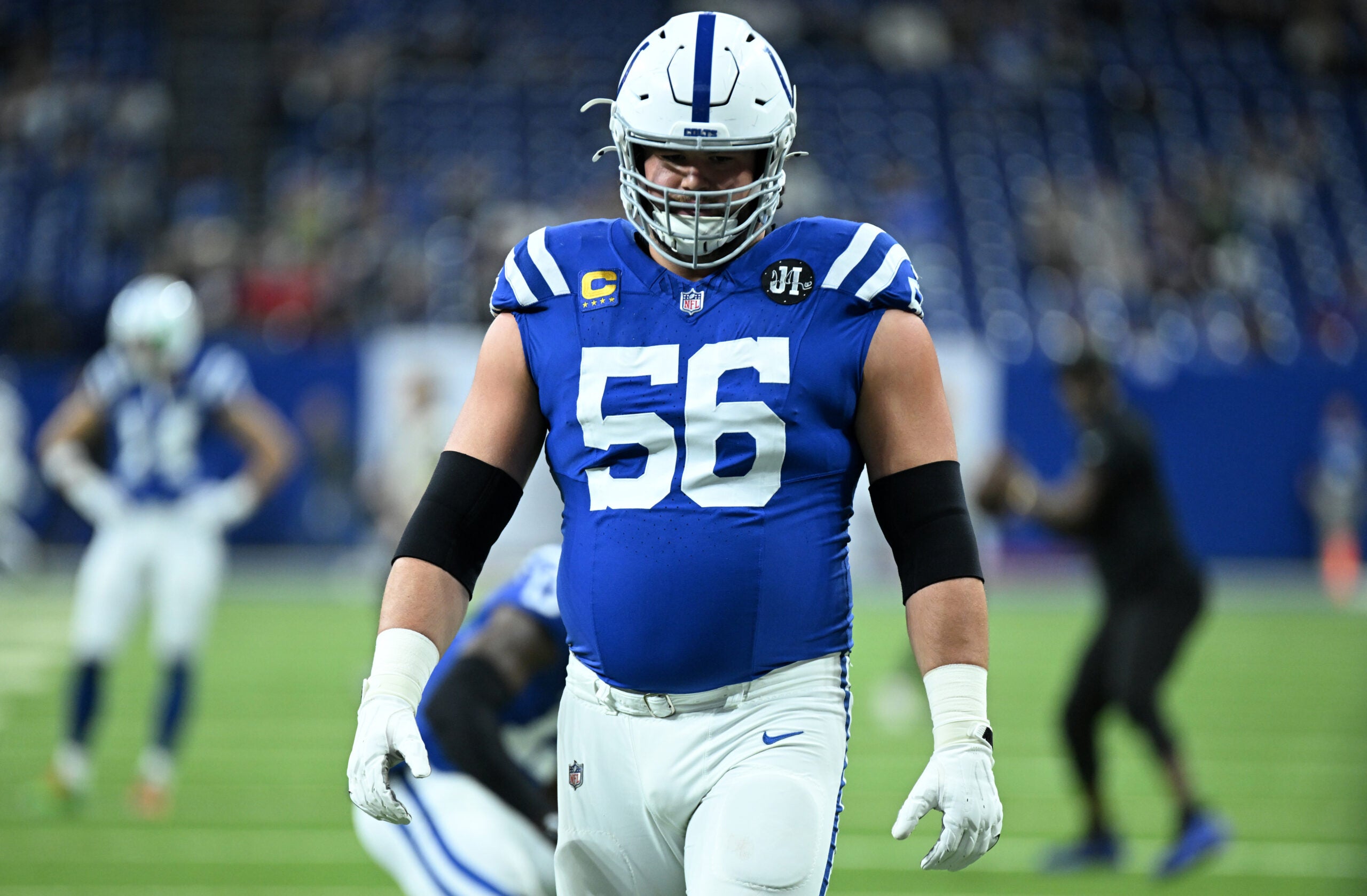 Nov 30, 2025; Indianapolis, Indiana, USA; Indianapolis Colts guard Quenton Nelson (56) warms up before a game against the Houston Texans at Lucas Oil Stadium.