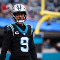 Nov 30, 2025; Charlotte, North Carolina, USA; Carolina Panthers quarterback Bryce Young (9) looks on during the first quarter against the Los Angeles Rams at Bank of America Stadium.
