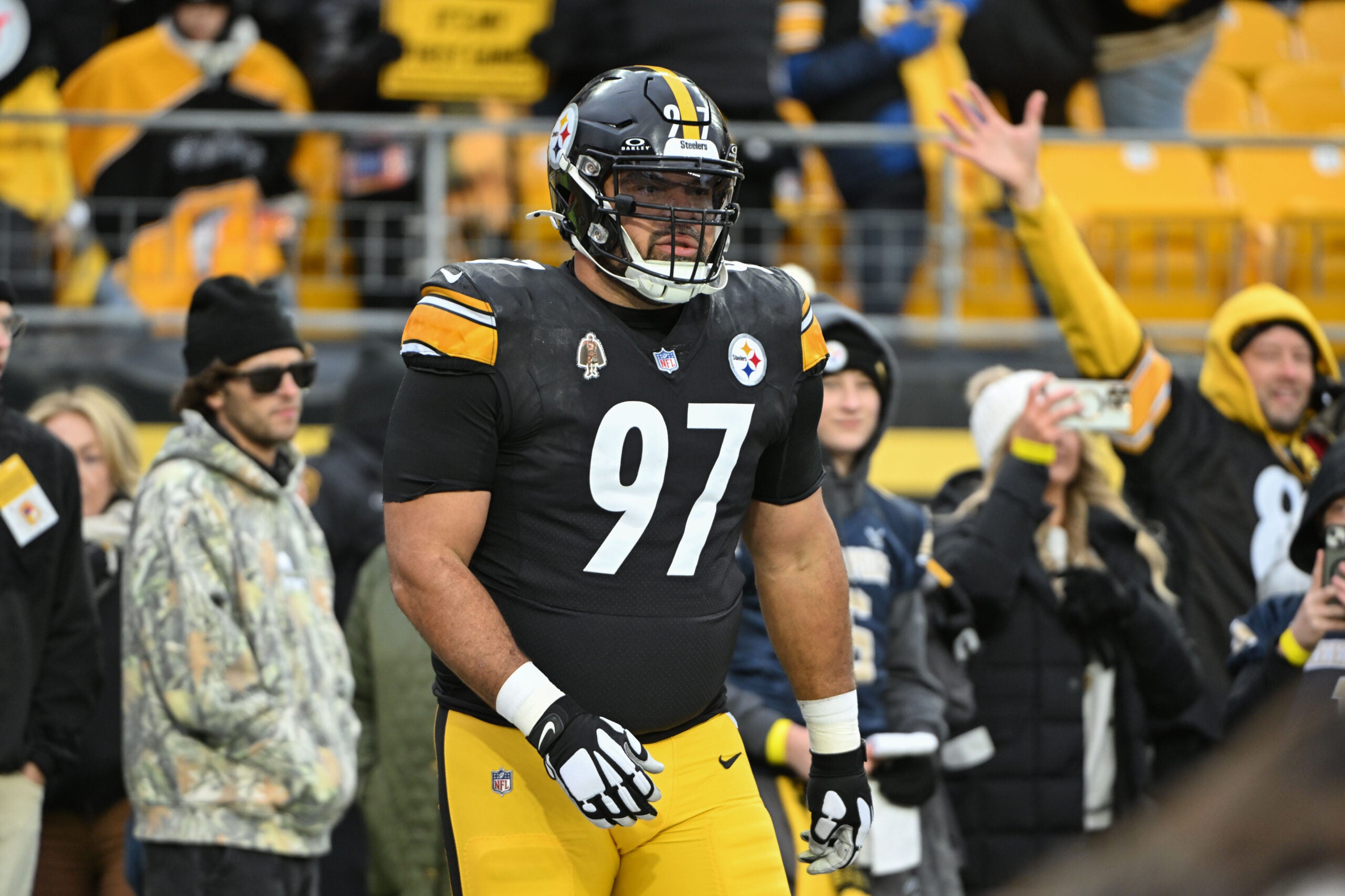 Nov 30, 2025; Pittsburgh, Pennsylvania, USA; Pittsburgh Steelers defensive tackle Cameron Heyward (97) warms up for a game against the Buffalo Bills at Acrisure Stadium.