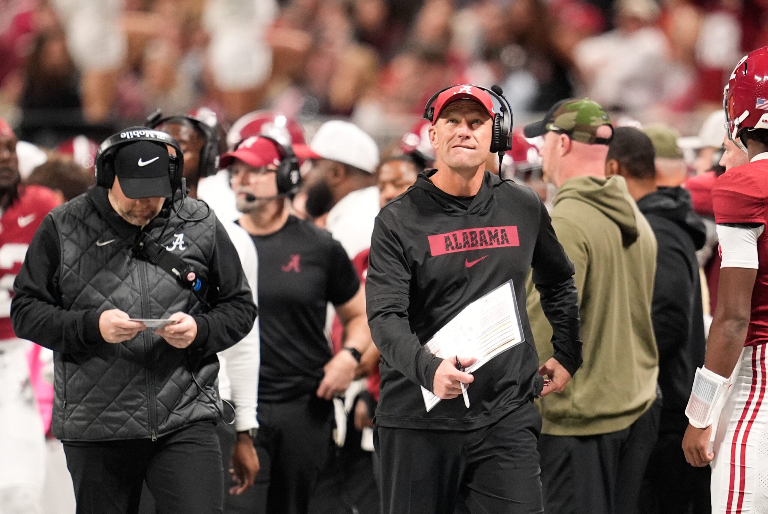 Dec 6, 2025; Atlanta, GA, USA; Alabama Crimson Tide head coach Kalen Deboer looks on during the second quarter against the Georgia Bulldogs during the 2025 SEC Championship game at Mercedes-Benz Stadium.