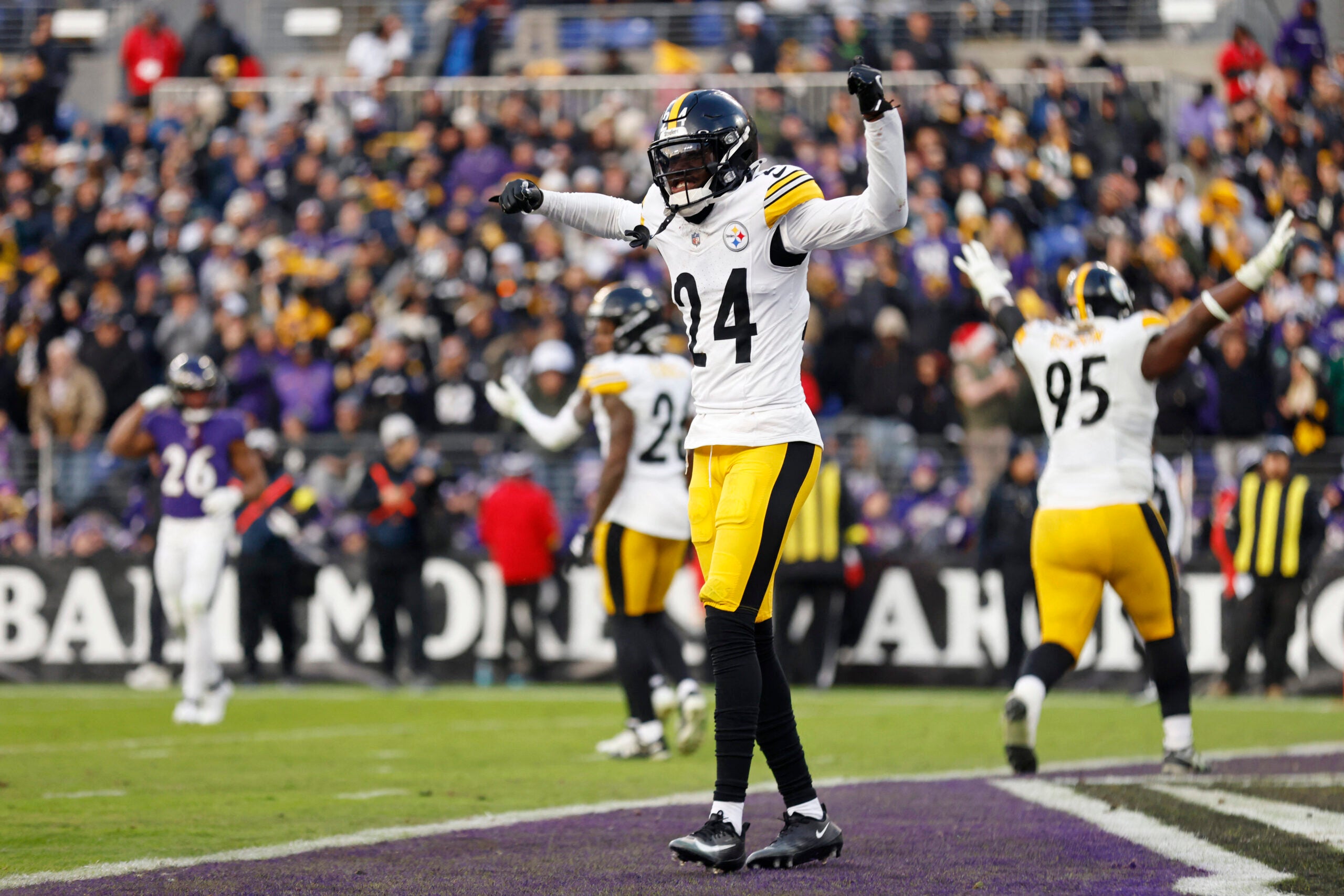 Dec 7, 2025; Baltimore, Maryland, USA; Pittsburgh Steelers cornerback Joey Porter Jr. (24) reacts after a defensive stop against the Baltimore Ravens during the second half at M&T Bank Stadium.