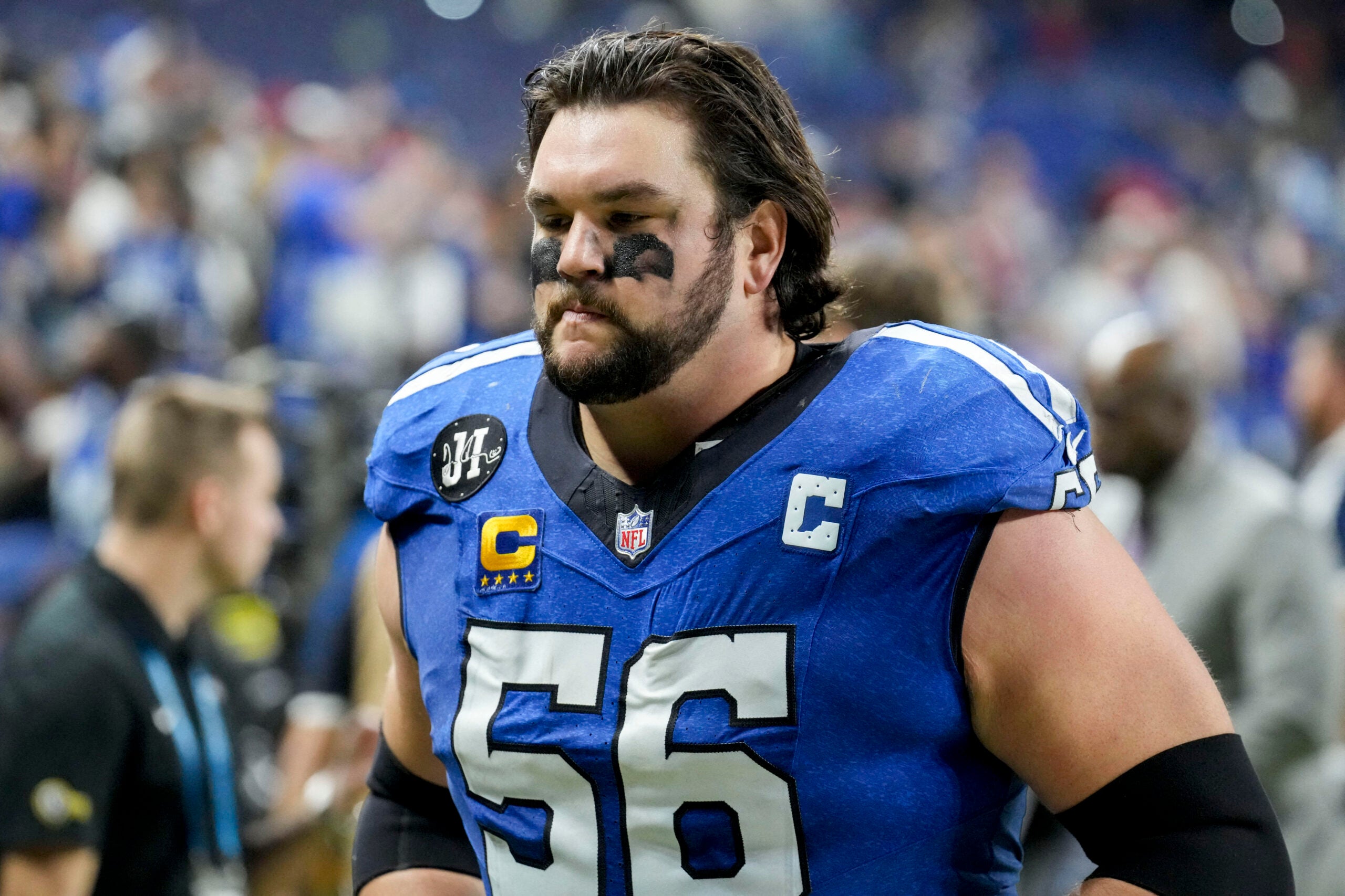 Dec 22, 2025; Indianapolis, Indiana, USA; Indianapolis Colts guard Quenton Nelson (56) leaves the field after losing a game against the San Francisco 49ers at Lucas Oil Stadium.