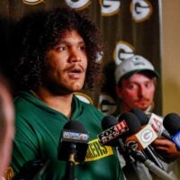 Green Bay Packers rookie offensive tackle John Williams is interviewed by the media during rookie minicamp on Friday, May 2, 2025, at Lambeau Field in Green Bay, Wisconsin. The Packers selected Williams with the second of their two seventh round picks in the 2025 NFL Draft.