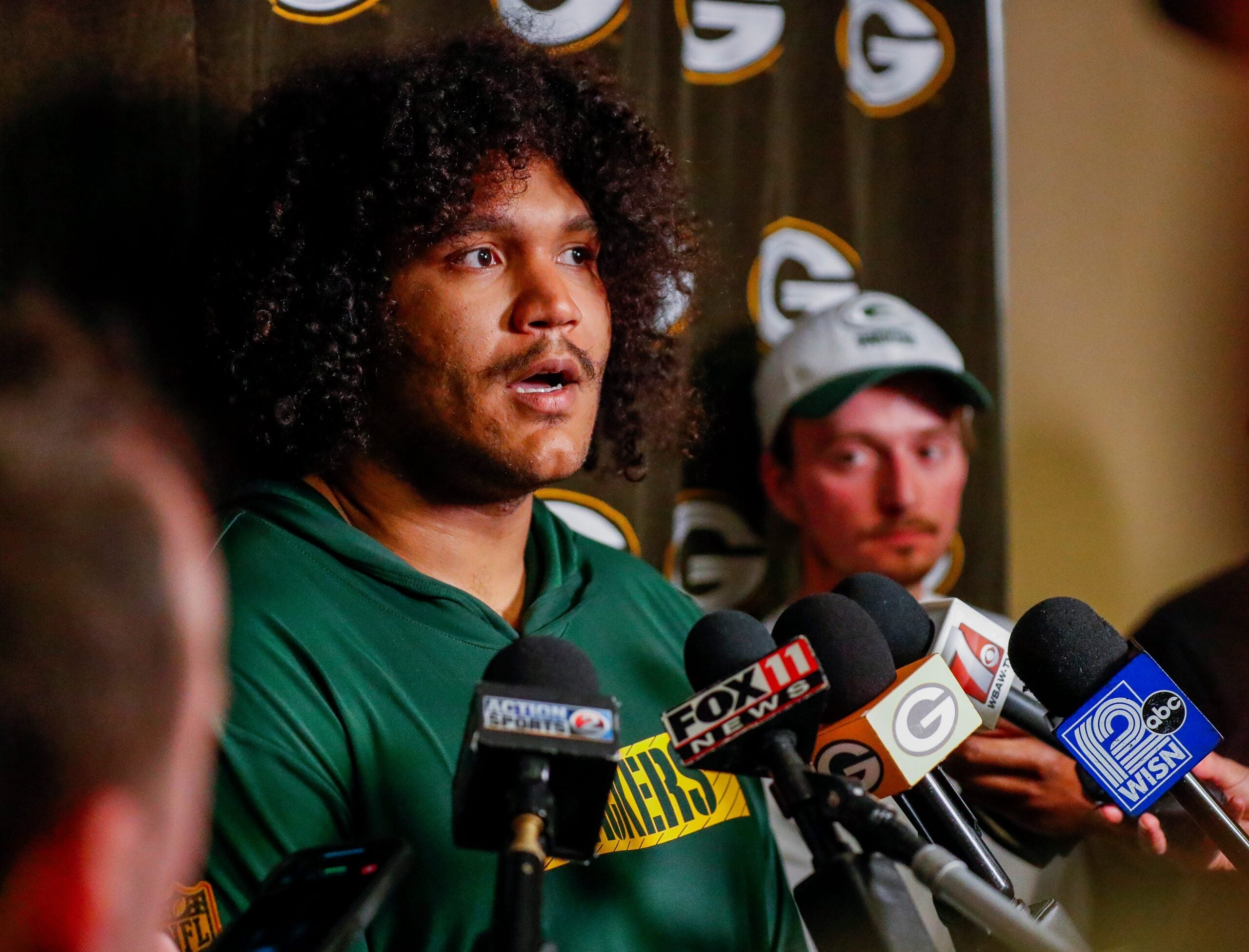 Green Bay Packers rookie offensive tackle John Williams is interviewed by the media during rookie minicamp on Friday, May 2, 2025, at Lambeau Field in Green Bay, Wisconsin. The Packers selected Williams with the second of their two seventh round picks in the 2025 NFL Draft.