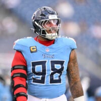 Dec 28, 2025; East Rutherford, New Jersey, USA; Tennessee Titans defensive tackle Jeffery Simmons (98) warms up prior to the game against the New Orleans Saints at MetLife Stadium.