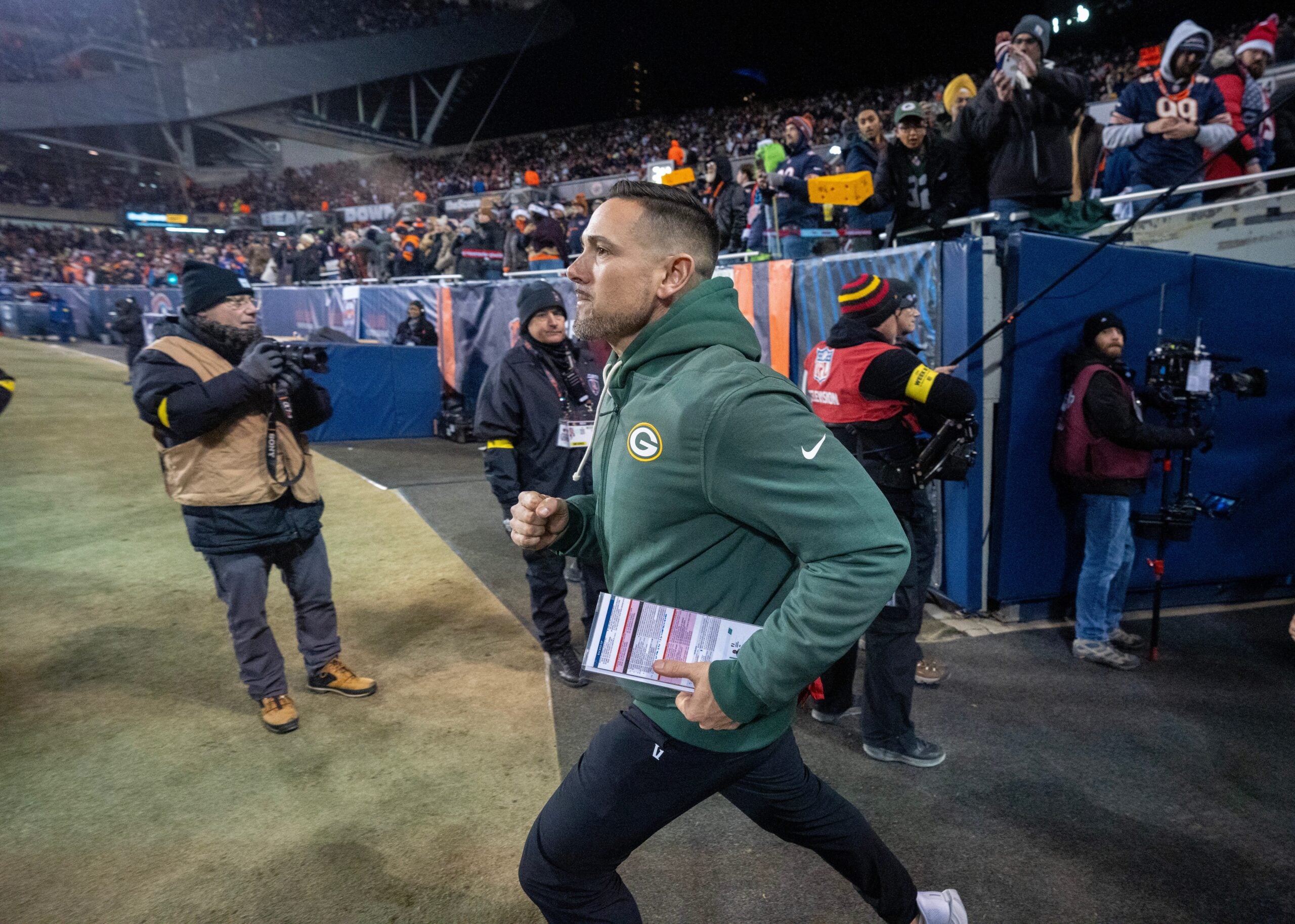 Green Bay Packers head coach Matt Lafleur takes to the field before their game against the Chicago Bears Saturday, December 20, 2025 at Soldier Field in Chicago, Illinois.
