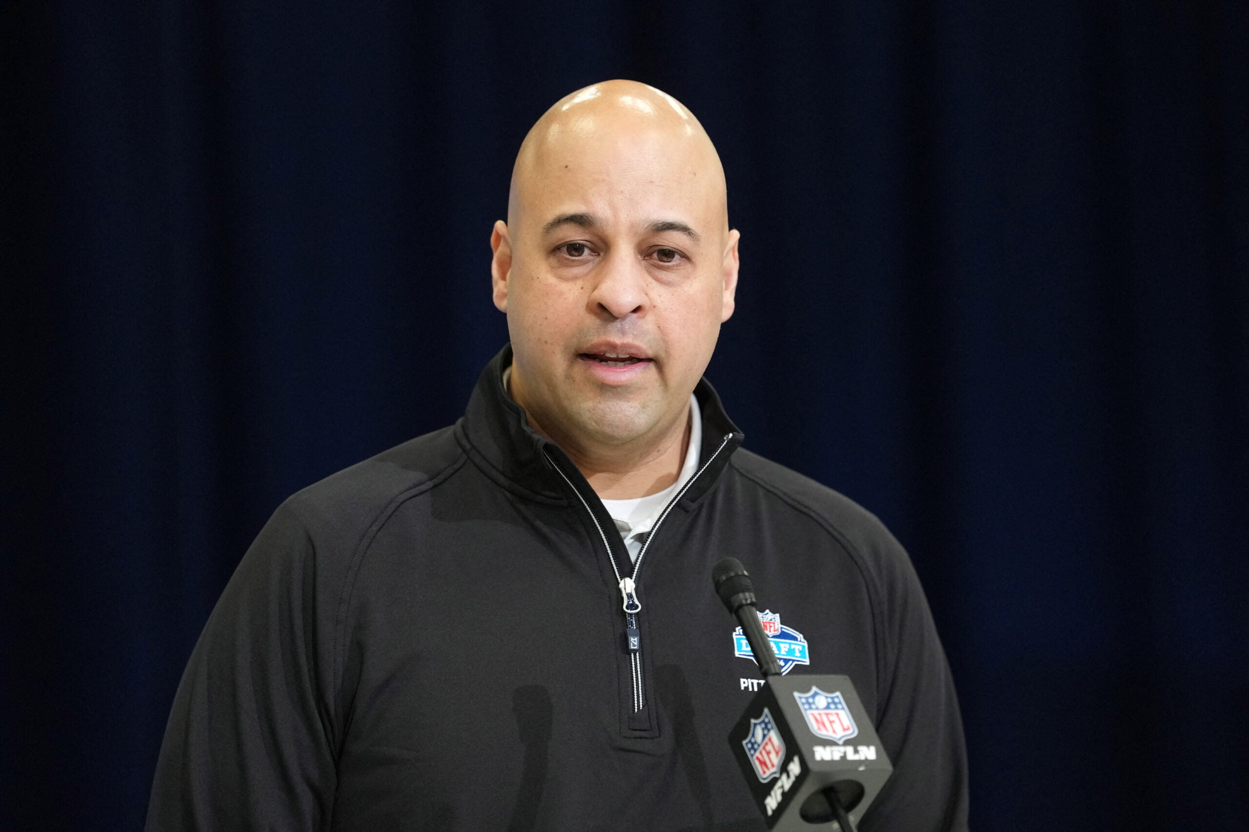 Feb 24, 2026; Indianapolis, IN, USA; Pittsburgh Steelers general manager Omar Khan speaks at the NFL Scouting Combine at the Indiana Convention Center.