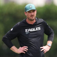 Jun 10, 2026; Philadelphia, PA, USA; Philadelphia Eagles offensive coordinator Sean Mannion looks on during minicamp at Jefferson Health Training Complex.