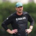 Jun 10, 2026; Philadelphia, PA, USA; Philadelphia Eagles offensive coordinator Sean Mannion looks on during minicamp at Jefferson Health Training Complex.