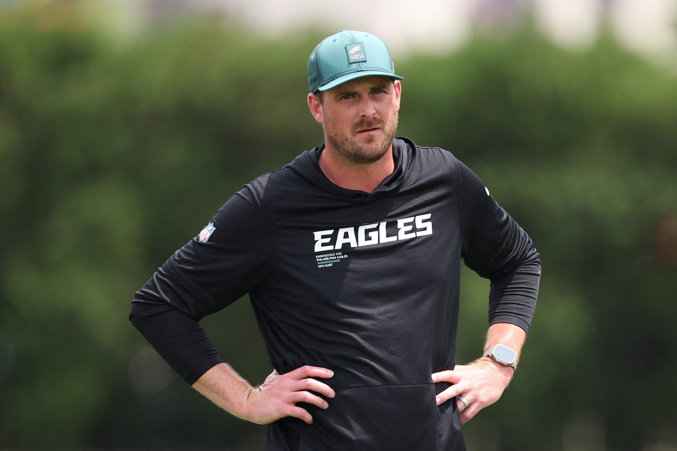 Jun 10, 2026; Philadelphia, PA, USA; Philadelphia Eagles offensive coordinator Sean Mannion looks on during minicamp at Jefferson Health Training Complex.