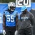 Aug 4, 2026; Charlotte, NC, USA; Carolina Panthers linebacker Devin Lloyd (55) chats with defensive coordinator Ejiro Evero during training camp at Bank of America Stadium. Mandatory Credit: Jim Dedmon-Imagn Images