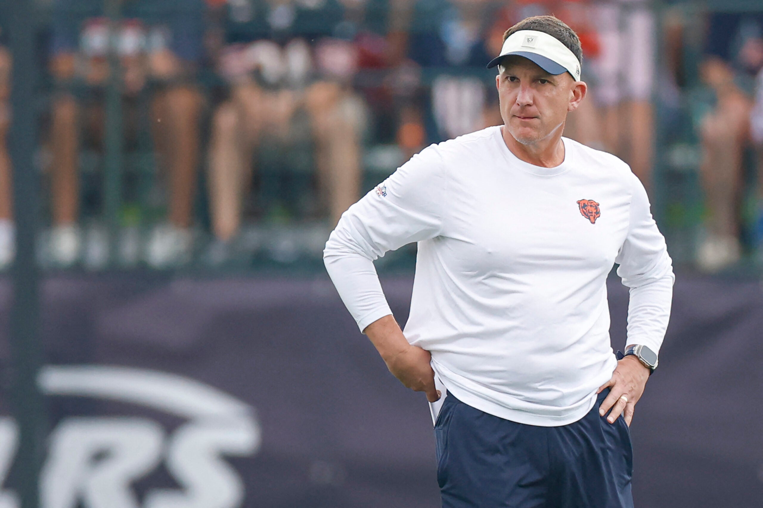 Aug 5, 2026; Lake Forest, IL, USA; Chicago Bears defensive coordinator Dennis Allen walks on the field during training camp at Halas Hall.
