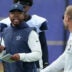 Aug 11, 2026; Woodland Hills, CA, USA; Dallas Cowboys defensive coordinator Christian Parker (left) and Los Angeles Rams head coach Sean McVay react during a joint practice at the Rams Practice Facility.
