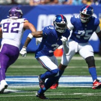 Aug 15, 2026; East Rutherford, New Jersey, USA; New York Giants wide receiver Odell Beckham Jr. (3) runs a route during the first half against the Minnesota Vikings at MetLife Stadium.