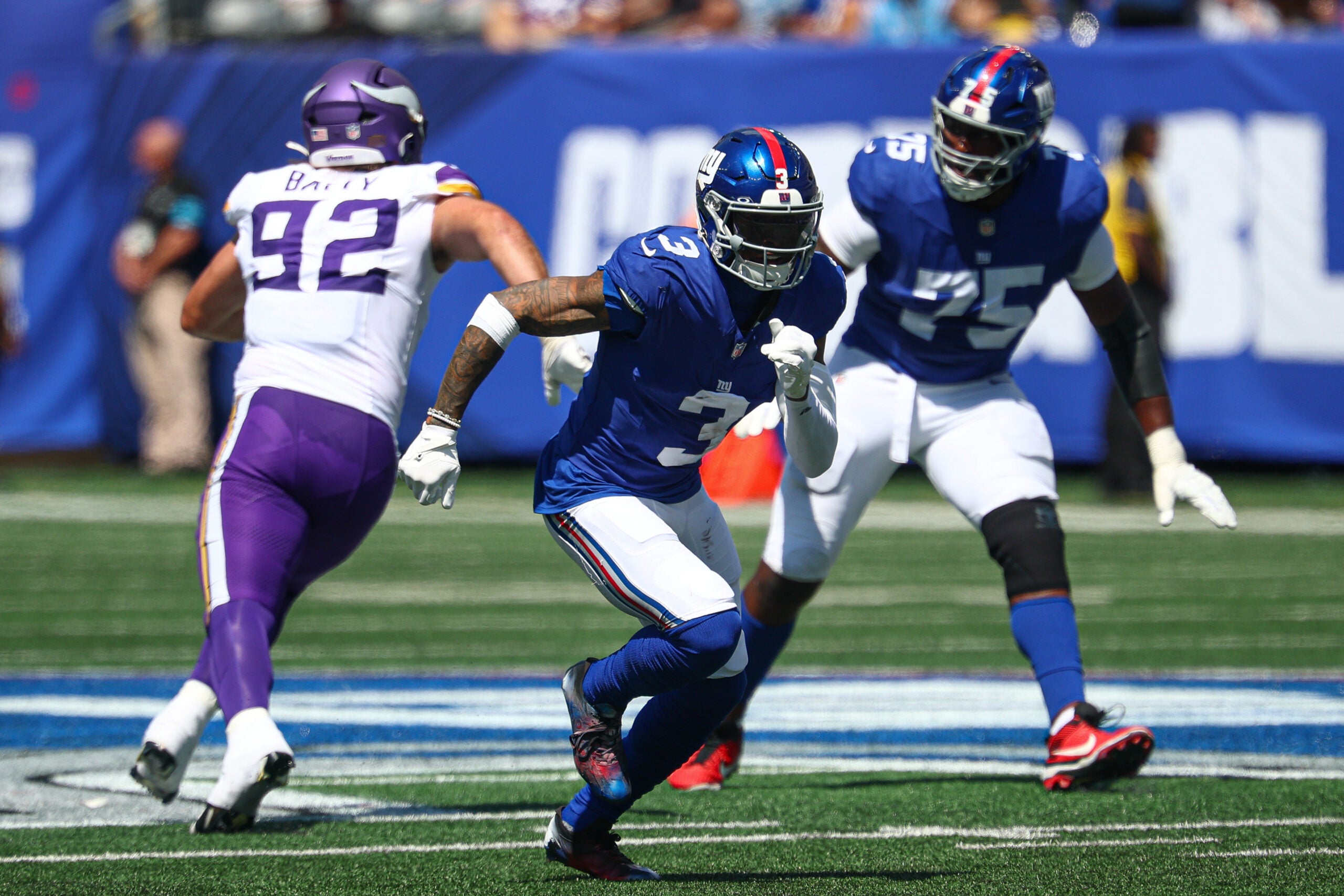 Aug 15, 2026; East Rutherford, New Jersey, USA; New York Giants wide receiver Odell Beckham Jr. (3) runs a route during the first half against the Minnesota Vikings at MetLife Stadium.