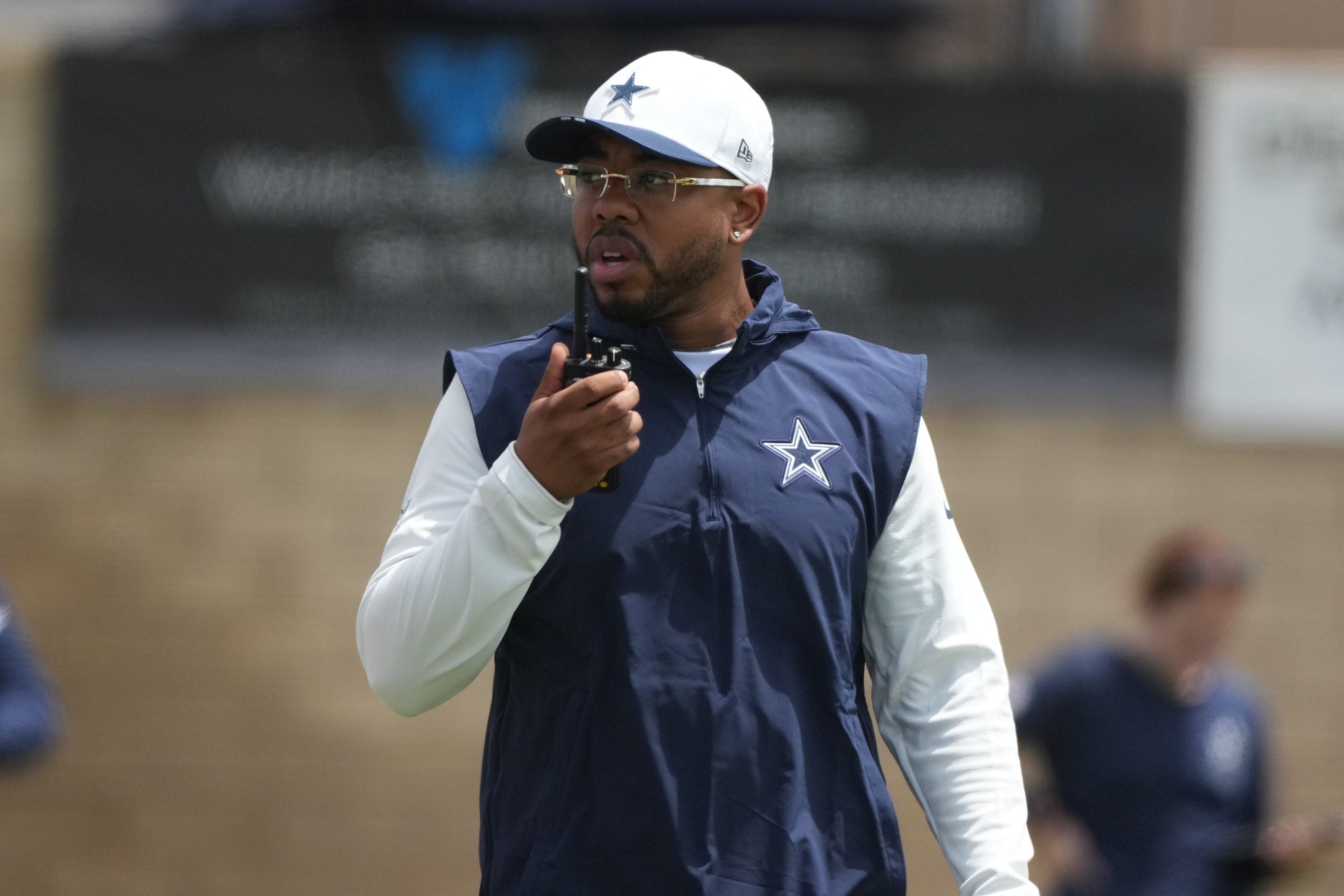 Jul 29, 2026; Oxnard, CA, USA; Dallas Cowboys defensive coordinator Christian Parker at training camp at River Ridge Playing Fields.
