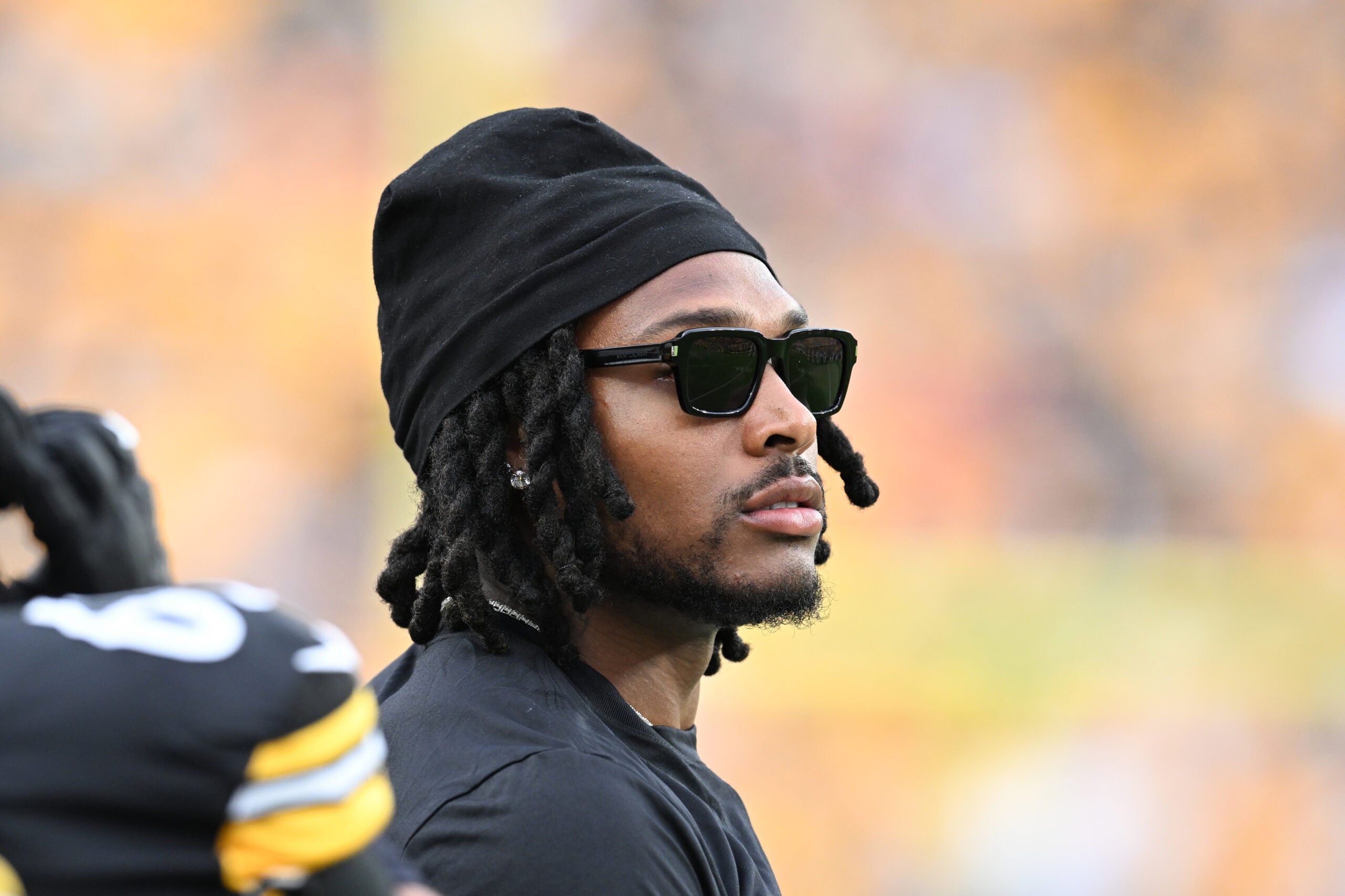 Aug 13, 2026; Pittsburgh, Pennsylvania, USA; Pittsburgh Steelers cornerback Jalen Ramsey watches the action against the Green Bay Packers during the first half at Acrisure Stadium.