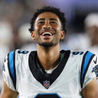 Aug 21, 2026; Jacksonville, Florida, USA; Carolina Panthers quarterback Bryce Young (9) looks on against the Jacksonville Jaguars in the second quarter during a preseason game at EverBank Stadium.