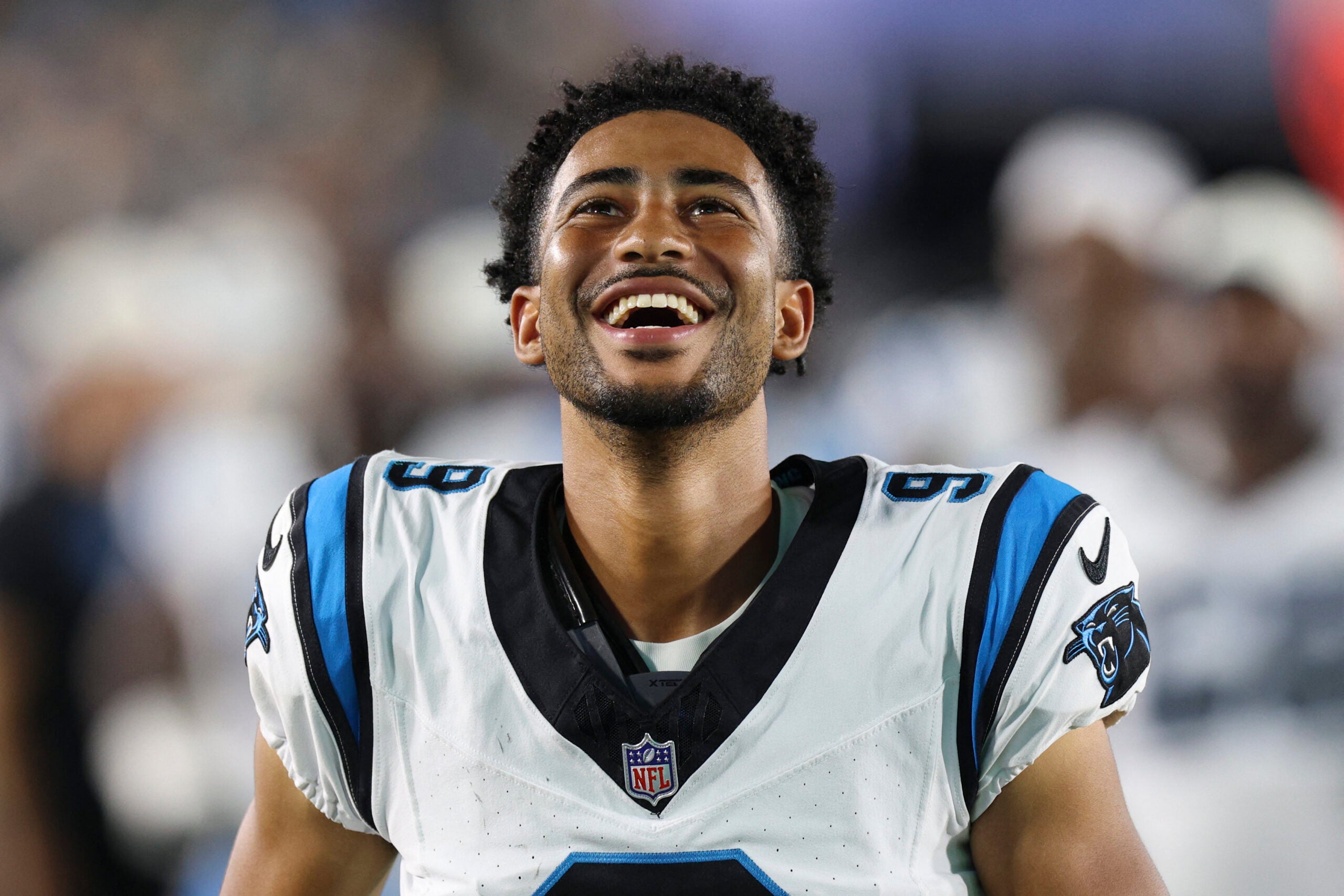 Aug 21, 2026; Jacksonville, Florida, USA; Carolina Panthers quarterback Bryce Young (9) looks on against the Jacksonville Jaguars in the second quarter during a preseason game at EverBank Stadium.