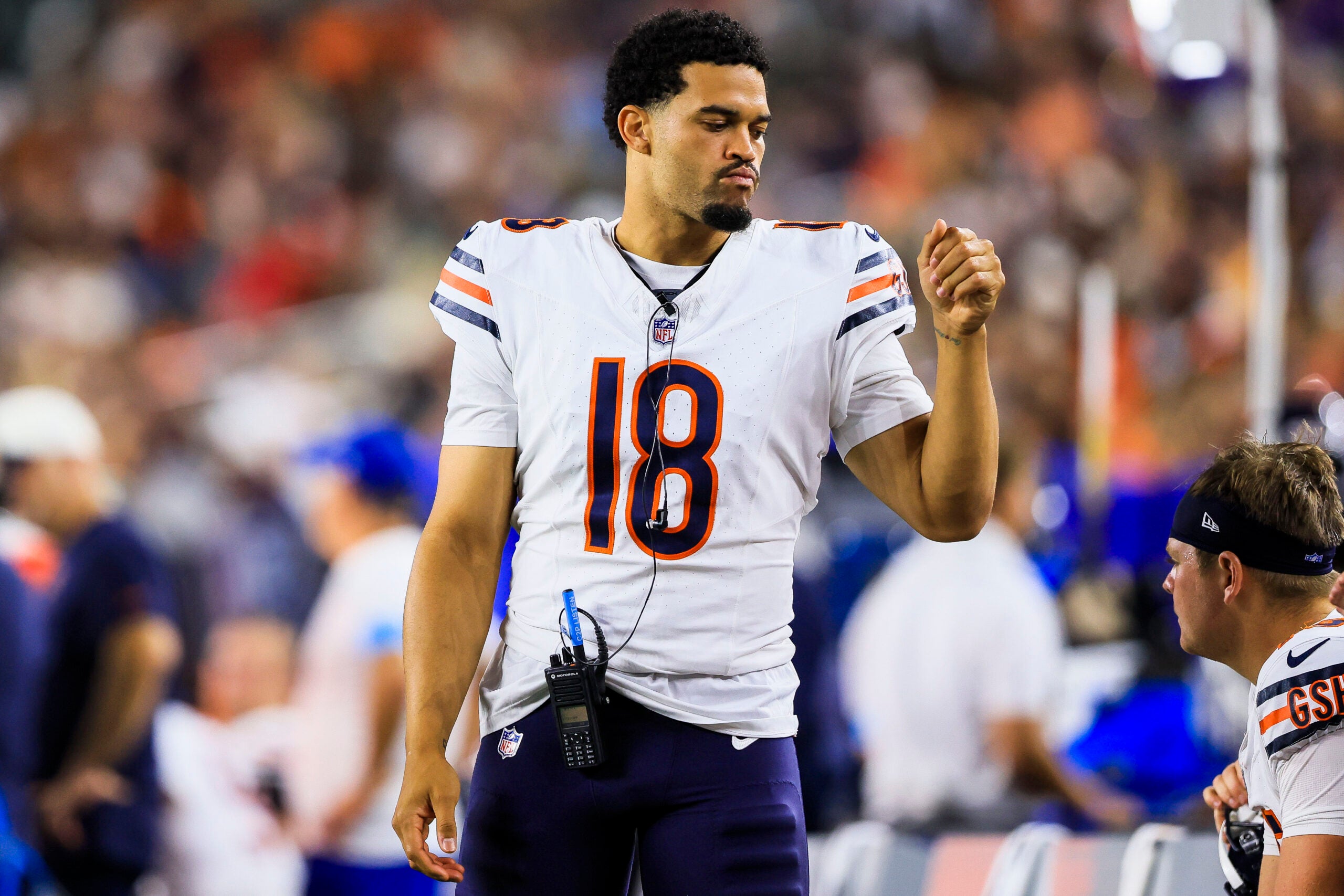 Aug 22, 2026; Cincinnati, Ohio, USA; Chicago Bears quarterback Caleb Williams (18) stands on the sidelines during the second half in the game against the Cincinnati at Paycor Stadium.