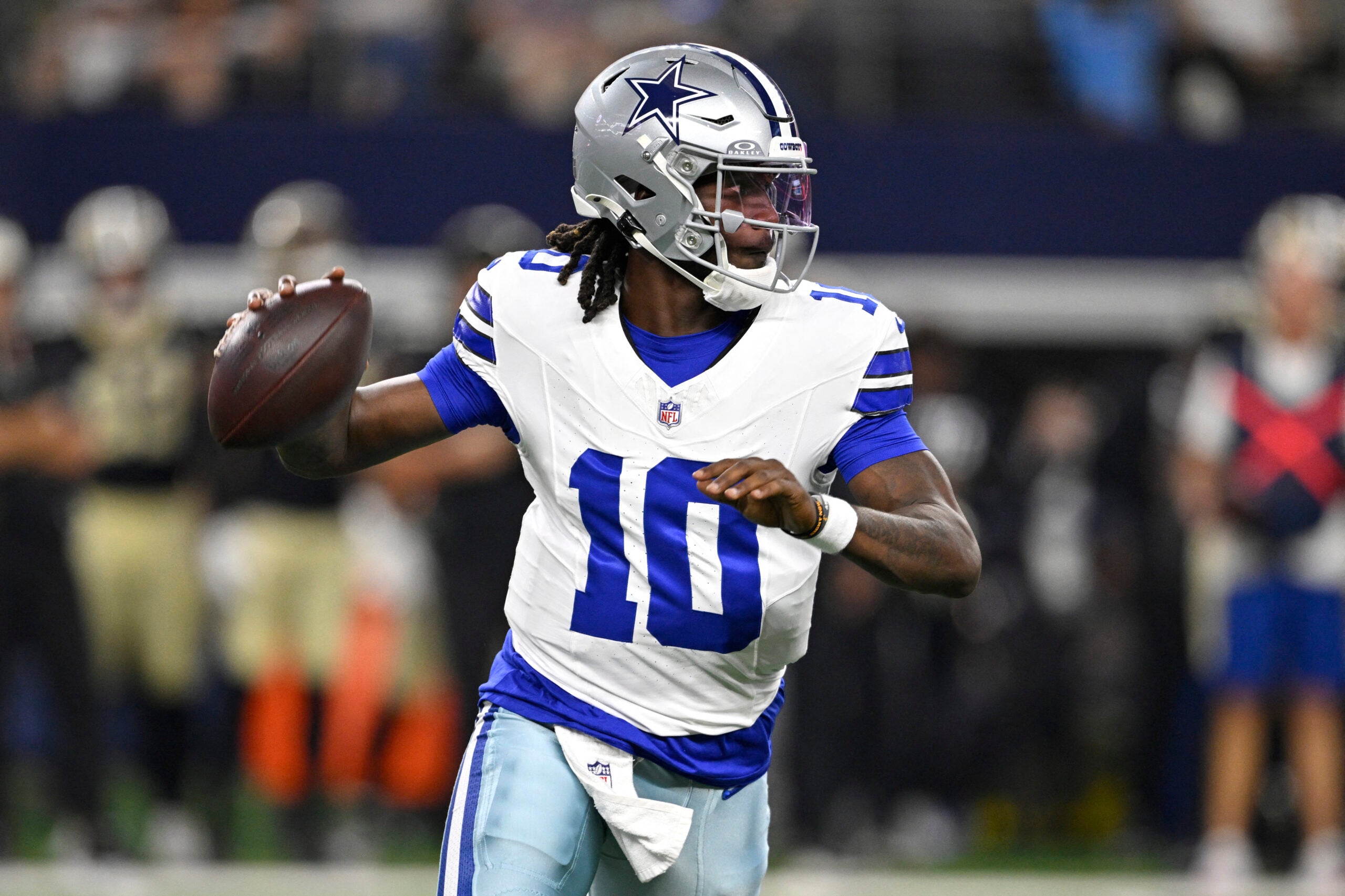 Aug 28, 2026; Arlington, Texas, USA; Dallas Cowboys quarterback Joe Milton III (10) looks to pass against the New Orleans Saints in the first quarter at AT&T Stadium.