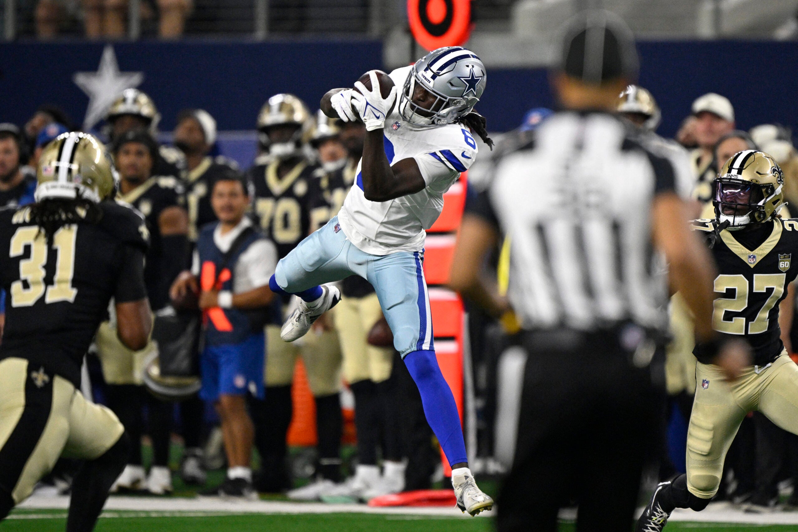 Aug 28, 2026; Arlington, Texas, USA; Dallas Cowboys wide receiver Camden Brown (6) makes a catch against the New Orleans Saints during the second quarter at AT&T Stadium.