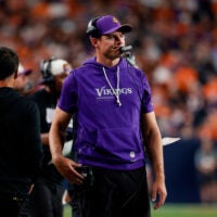 Aug 28, 2026; Denver, Colorado, USA; Minnesota Vikings head coach Kevin O'Connell reacts in the second quarter against the Denver Broncos at Empower Field at Mile High.