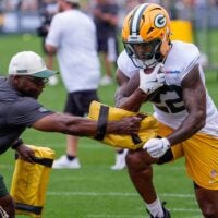 Green Bay Packers running back Pierre Strong Jr. (22) runs through a drill during practice on Friday, July 31, 2026, at Ray Nitschke Field in Ashwaubenon, Wisconsin.