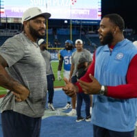 Aug 29, 2026; Nashville, Tennessee, USA; Tennessee Titans defensive tackle Jeffery Simmons (98) and Chicago Bears defensive end Montez Sweat (98) talk during post game at Nissan Stadium.