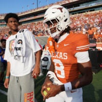 Sep 12, 2026; Austin, Texas, USA; Texas Longhorns wide receiver Cam Coleman (8) walks on field before the game against the Ohio State Buckeyes at Darrell K Royal-Texas Memorial Stadium.