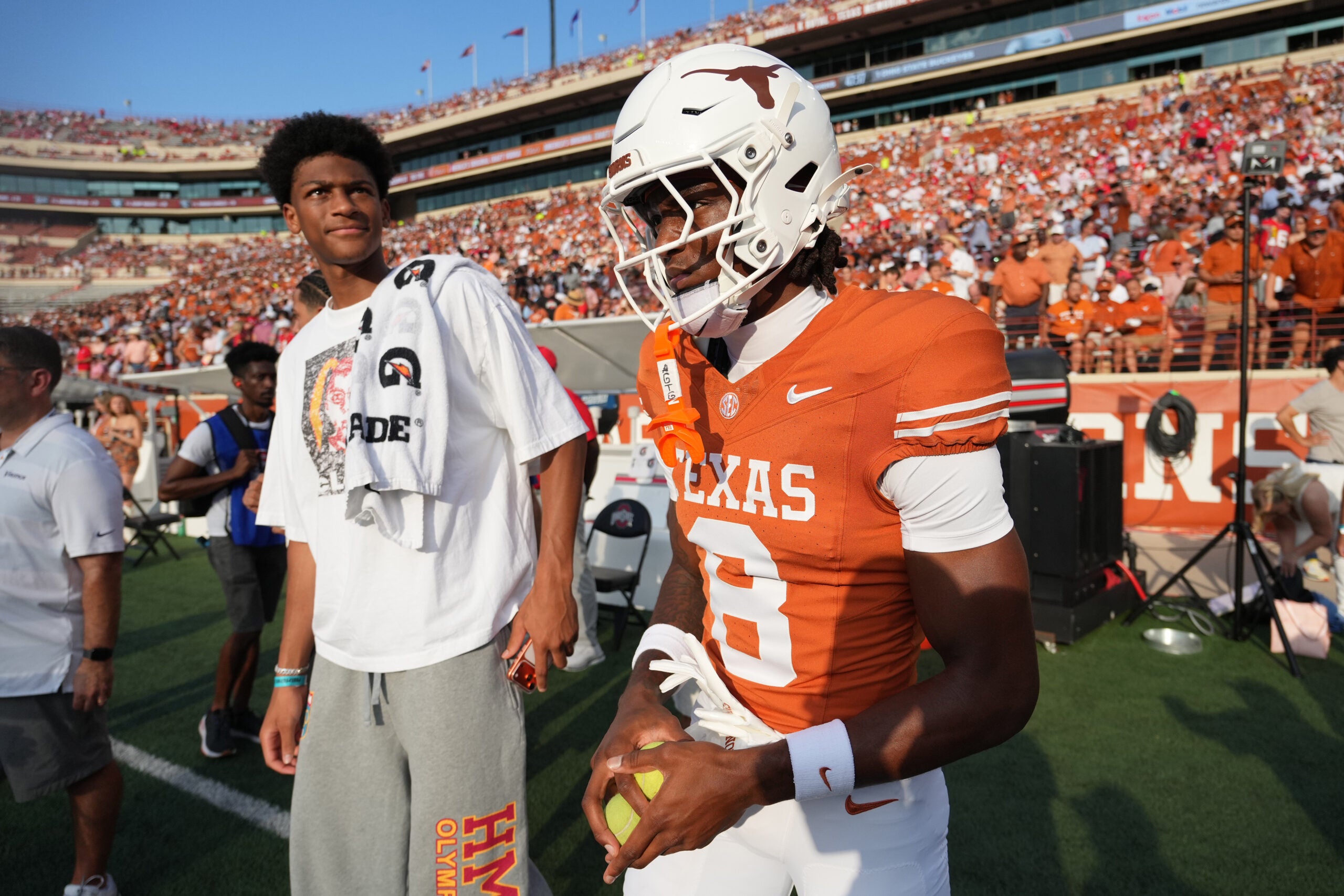 Sep 12, 2026; Austin, Texas, USA; Texas Longhorns wide receiver Cam Coleman (8) walks on field before the game against the Ohio State Buckeyes at Darrell K Royal-Texas Memorial Stadium.