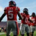 Sep 12, 2026; Oxford, Mississippi, USA; Mississippi Rebels wide receiver Johntay Cook II (0) reacts with running back Kewan Lacy (5) after a touchdown during the first quarter against the Charlotte 49ers at Vaught-Hemingway Stadium.