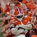 Clemson corner back Ashton Hampton (2) jumps in the student section after making a defensive play against Georgia Southern University during the third quarter at Memorial Stadium Saturday, September 12, 2026.