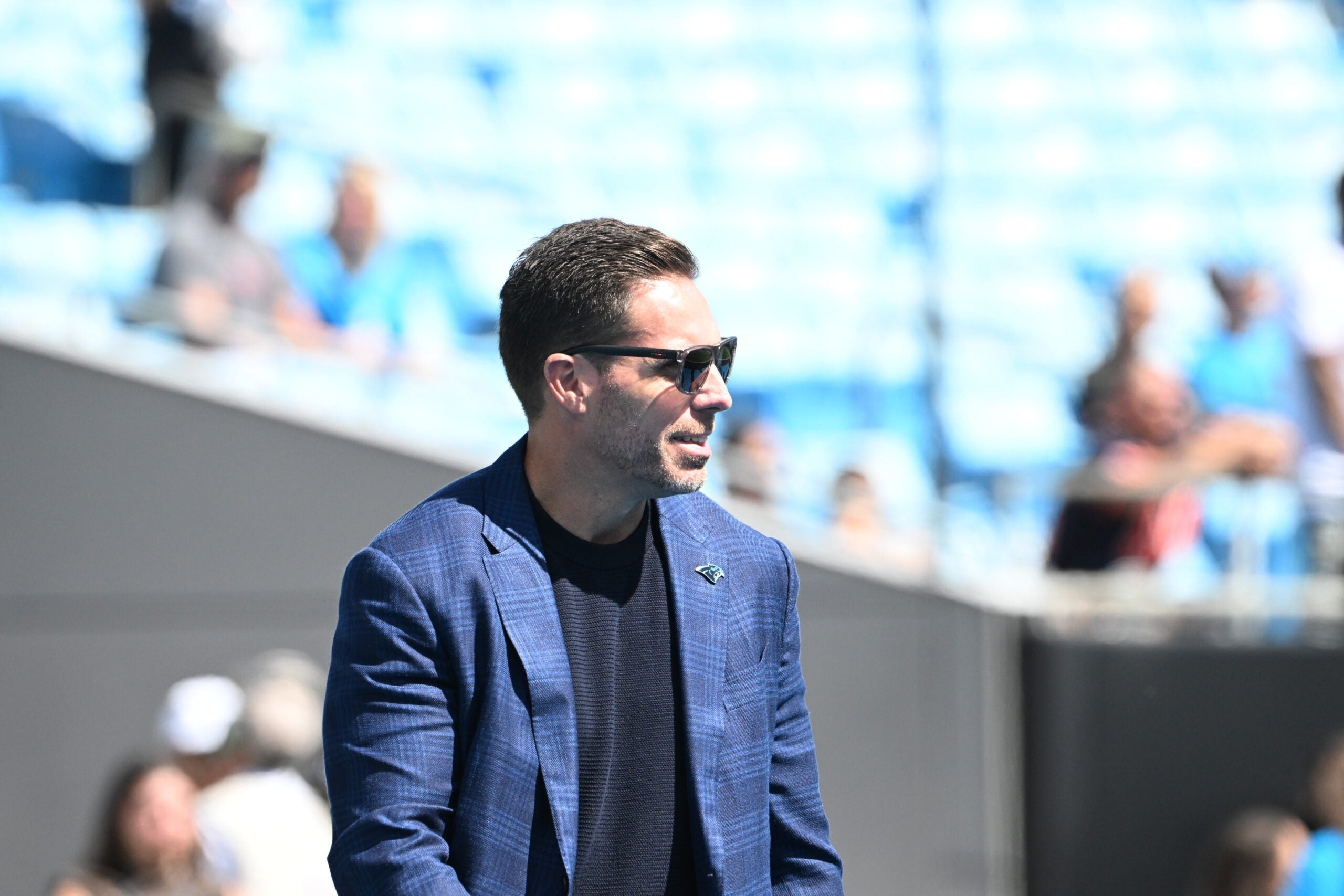 Sep 13, 2026; Charlotte, North Carolina, USA; Carolina Panthers general manager Dan Morgan looks on before the game against the Chicago Bears at Bank of America Stadium.