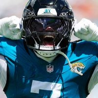 Jacksonville Jaguars wide receiver Brian Thomas Jr. (7) reacts to his reception during the first quarter of an NFL football matchup at EverBank Stadium on Sunday, Sept. 13, 2026, in Jacksonville, Fla.