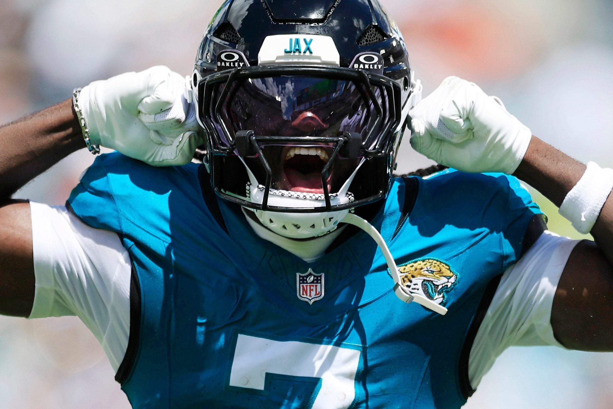 Jacksonville Jaguars wide receiver Brian Thomas Jr. (7) reacts to his reception during the first quarter of an NFL football matchup at EverBank Stadium on Sunday, Sept. 13, 2026, in Jacksonville, Fla.