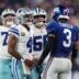 Sep 13, 2026; East Rutherford, New Jersey, USA; Dallas Cowboys quarterback Dak Prescott (4) speaks with New York Giants linebacker Abdul Carter (3) after a play during the third quarter at MetLife Stadium.