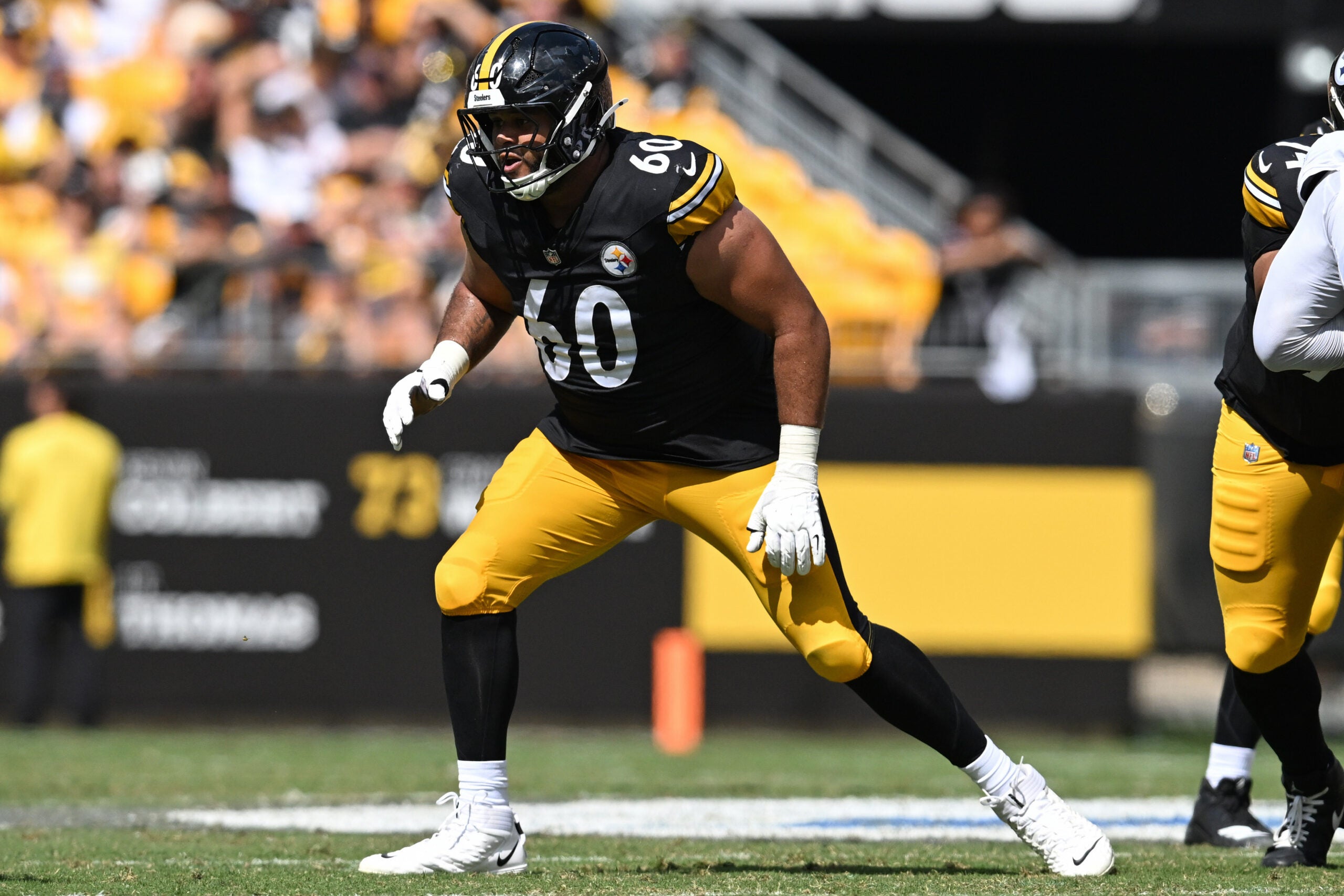 Sep 13, 2026; Pittsburgh, Pennsylvania, USA; Pittsburgh Steelers offensive tackle Dylan Cook (60) lines up against the Atlanta Falcons during the second half at Acrisure Stadium.