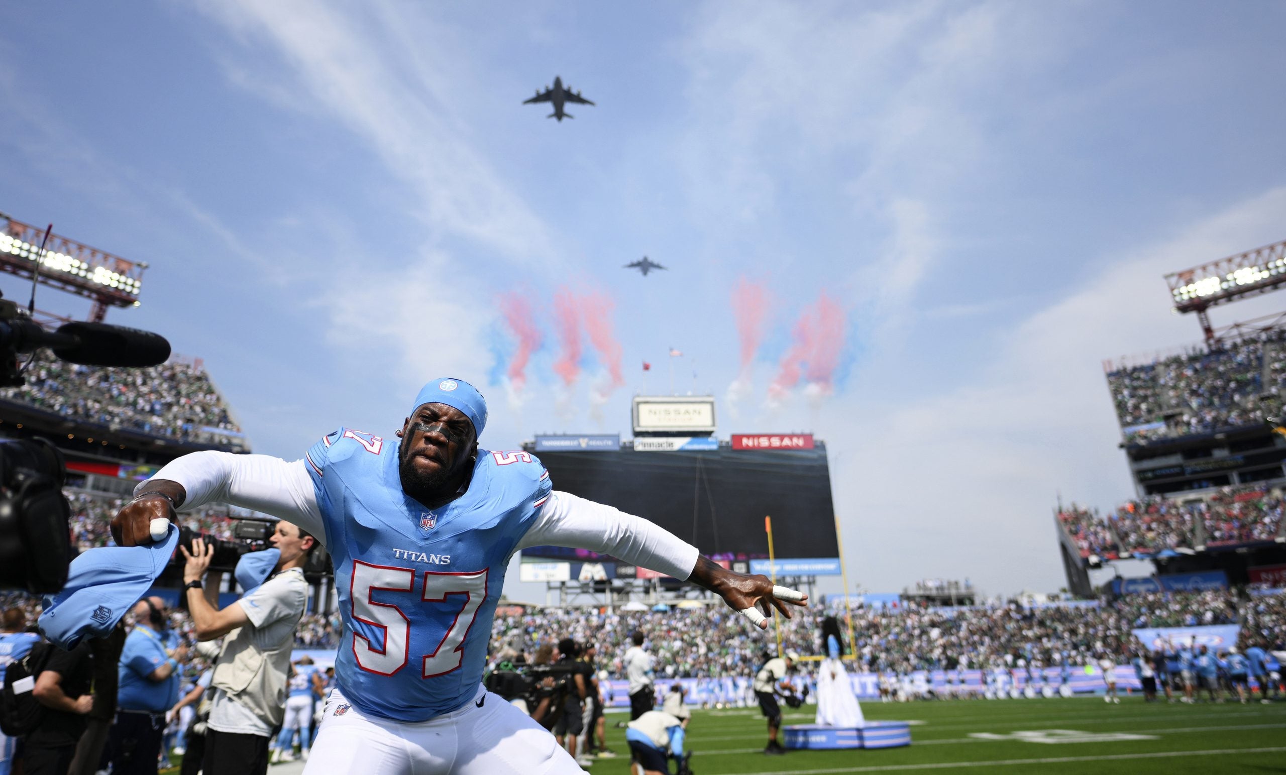 Sep 20, 2026; Nashville, Tennessee, USA; Tennessee Titans defensive end Jacob Martin (57) before the game against the Philadelphia Eagles at Nissan Stadium.