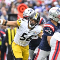 Sep 20, 2026; Foxborough, Massachusetts, USA; Pittsburgh Steelers linebacker Alex Highsmith (56) closes in on New England Patriots quarterback Drake Maye (10) in the second half at Gillette Stadium.