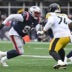 Sep 20, 2026; Foxborough, Massachusetts, USA; New England Patriots defensive tackle Christian Barmore (90) is defended by Pittsburgh Steelers offensive tackle Troy Fautanu (76) in the second half at Gillette Stadium.