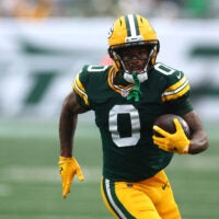 Sep 20, 2026; East Rutherford, New Jersey, USA; Green Bay Packers wide receiver Matthew Golden (0) runs after the catch in overtime against the New York Jets at MetLife Stadium.