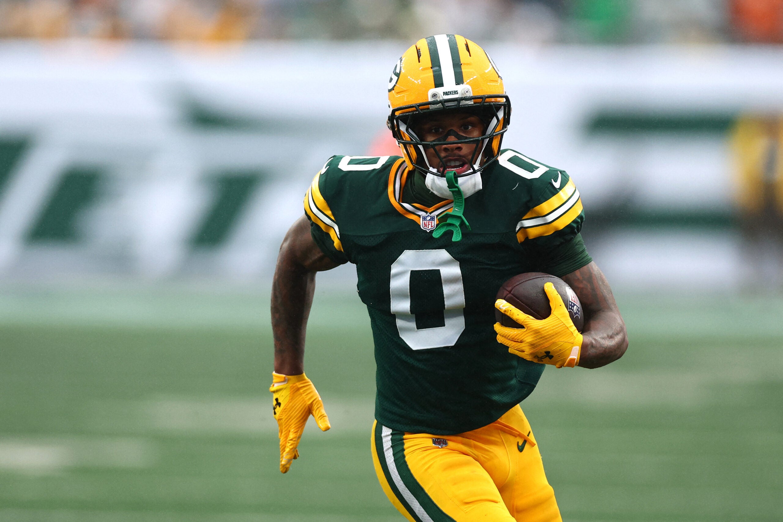 Sep 20, 2026; East Rutherford, New Jersey, USA; Green Bay Packers wide receiver Matthew Golden (0) runs after the catch in overtime against the New York Jets at MetLife Stadium.
