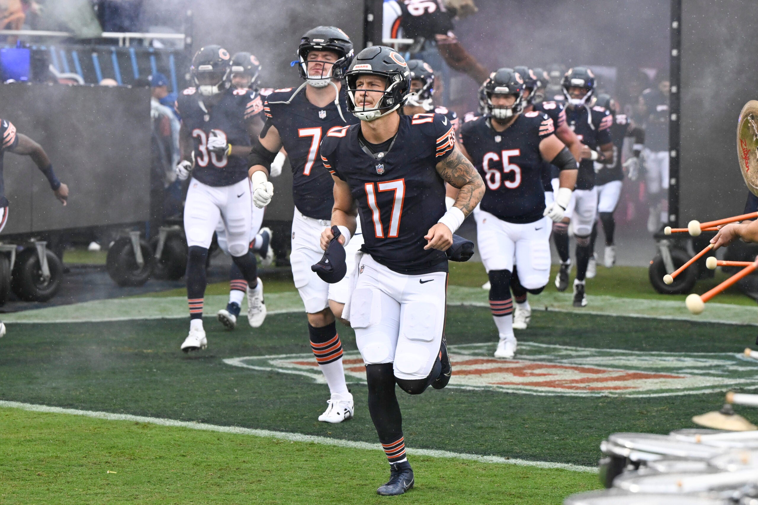 Sep 20, 2026; Chicago, Illinois, USA; Chicago Bears quarterback Tyson Bagent (17) runs onto the field before the game against the Minnesota Vikings at Soldier Field.