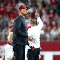 Sep 19, 2026; Tuscaloosa, Alabama, USA; Alabama Crimson Tide head coach Kalen DeBoer observes during the second half against the Florida State Seminoles at Saban Field at Bryant-Denny Stadium.