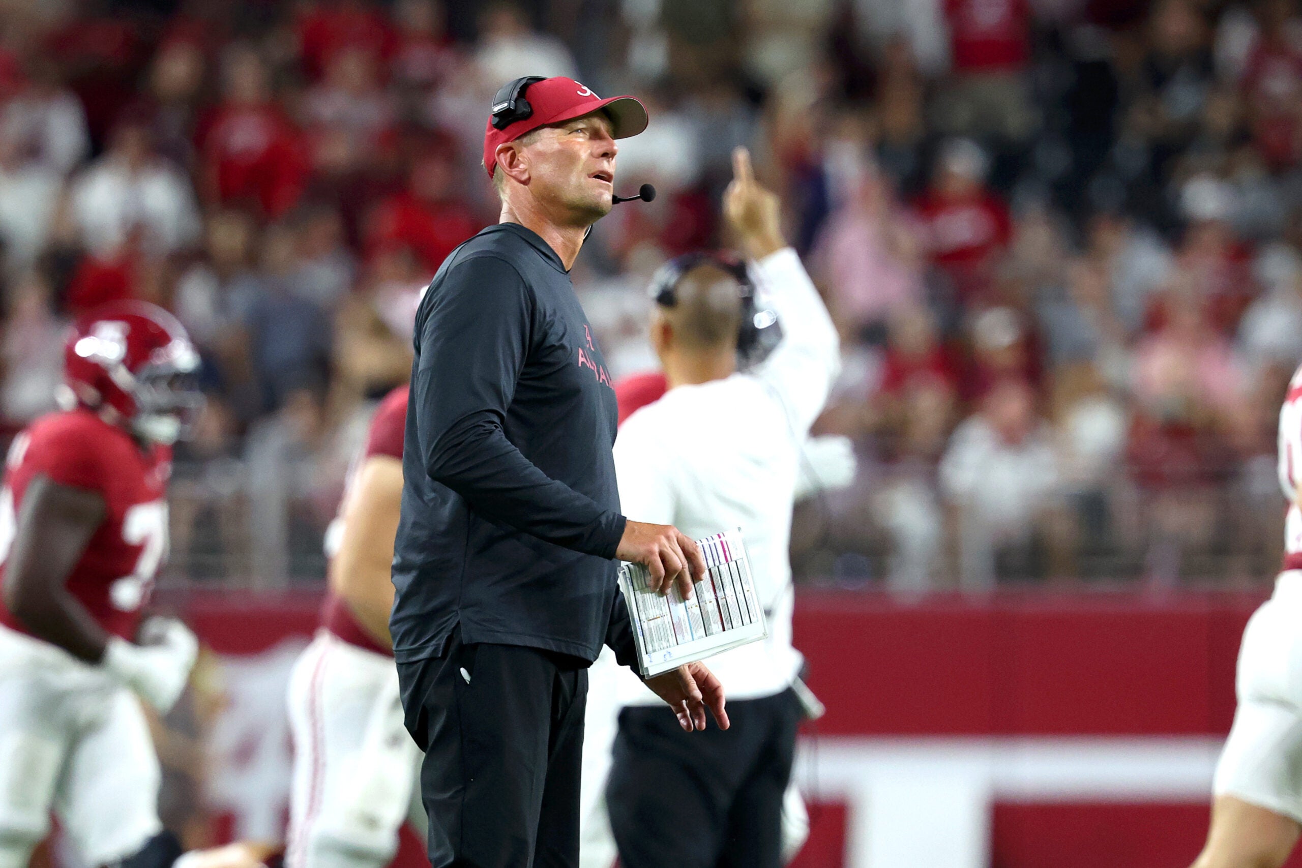 Sep 19, 2026; Tuscaloosa, Alabama, USA; Alabama Crimson Tide head coach Kalen DeBoer observes during the second half against the Florida State Seminoles at Saban Field at Bryant-Denny Stadium.