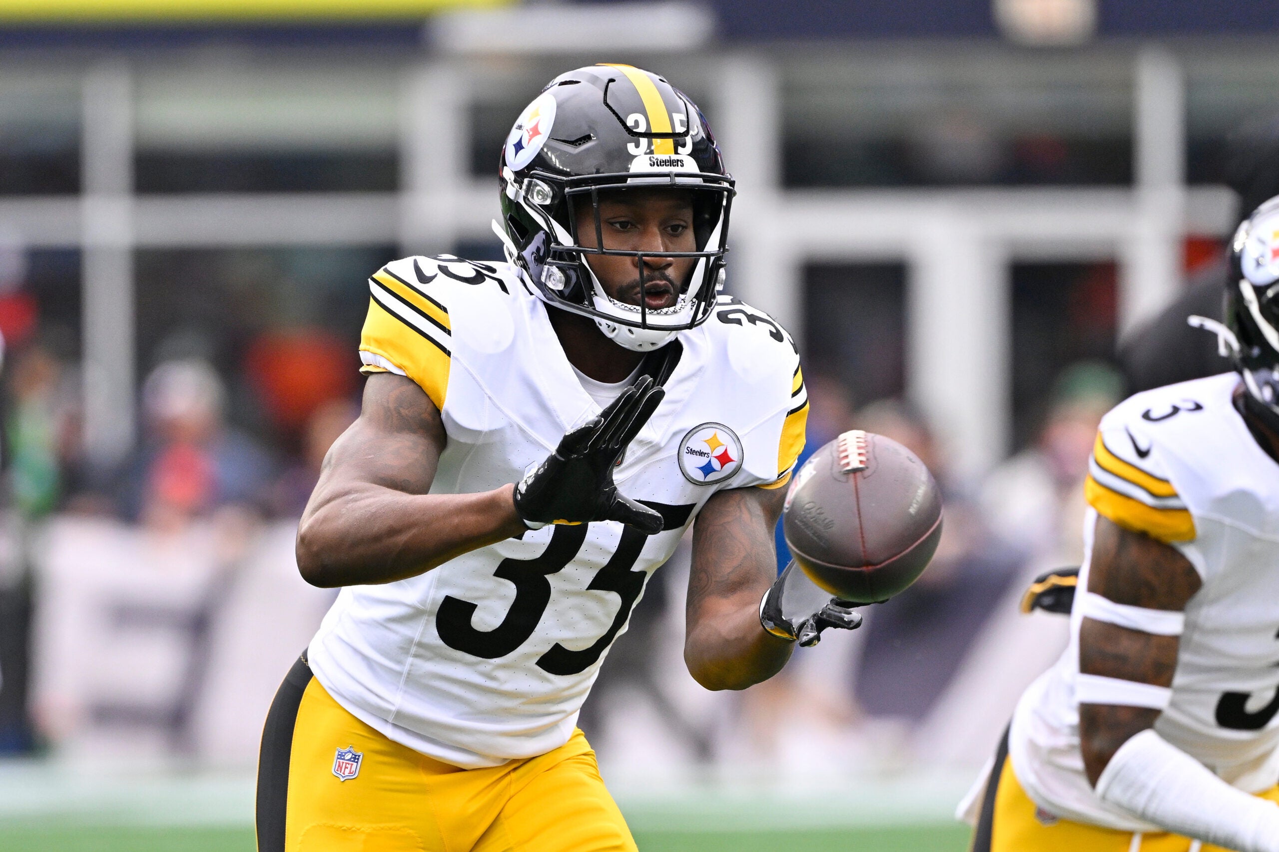 September 20, 2026; Foxborough, Massachusetts, USA; Pittsburgh Steelers cornerback Jamel Dean (35) warms up before a game against the New England Patriots at Gillette Stadium.